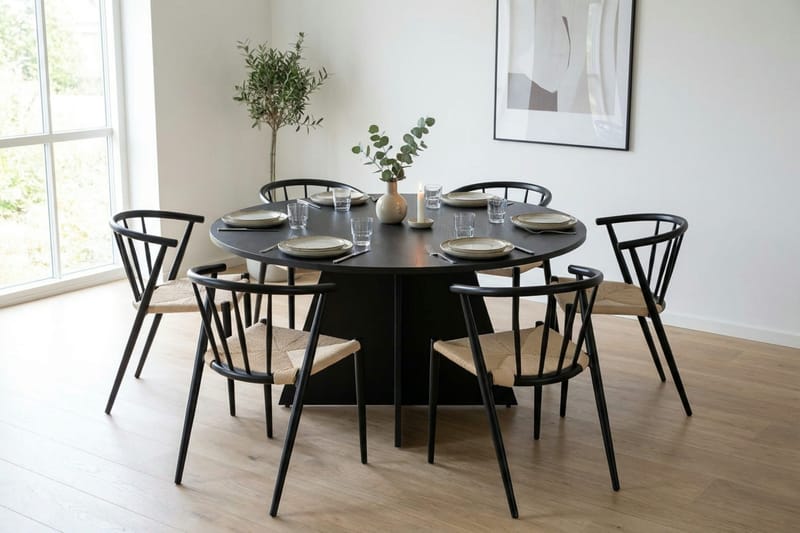 Vera spisegruppe rund 130 cm svart med 6 Winston spisestoler - Svart - Møbler - Bord - Spisegruppe