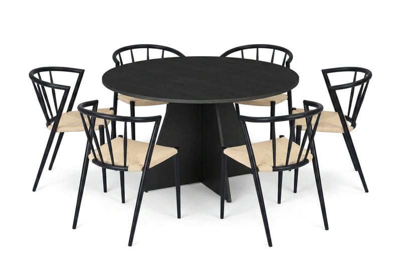 Vera spisegruppe rund 130 cm svart med 6 Winston spisestoler - Svart - Møbler - Bord - Spisegruppe