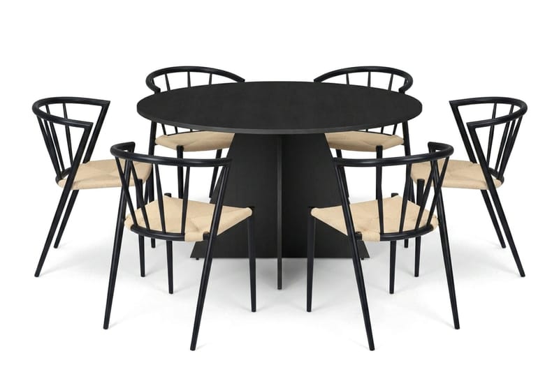 Vera spisegruppe rund 130 cm svart med 6 Winston spisestoler, Svart