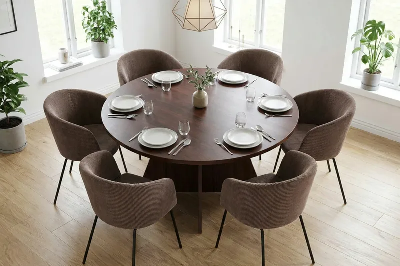 Vera spisegruppe rund 130 cm valnøtt med 6 Berit spisestoler - Valnøtt - Møbler - Bord - Spisegruppe