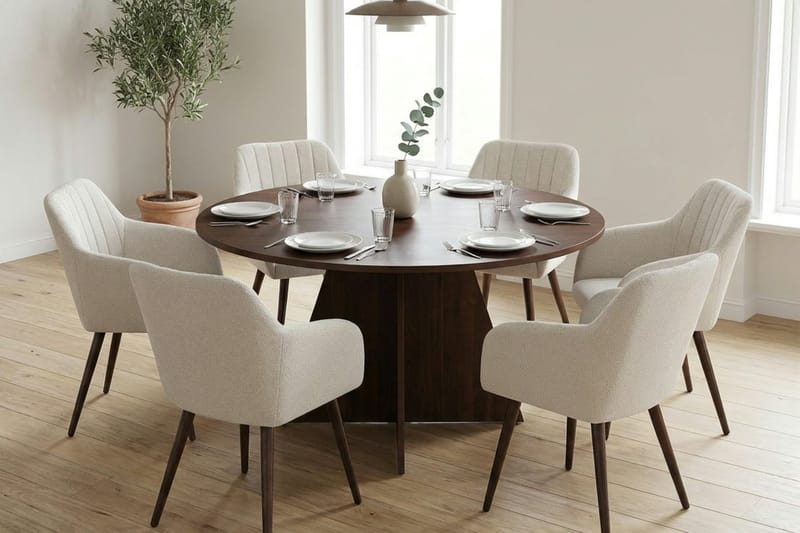 Vera spisegruppe rund 130 cm valnøtt med 6 Filippa spisestoler - Valnøtt - Møbler - Bord - Spisegruppe
