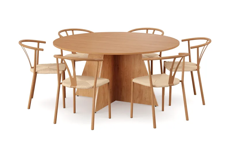 Vera spisegruppe rund 150 cm eik med 6 Elysia spisestoler, Eik