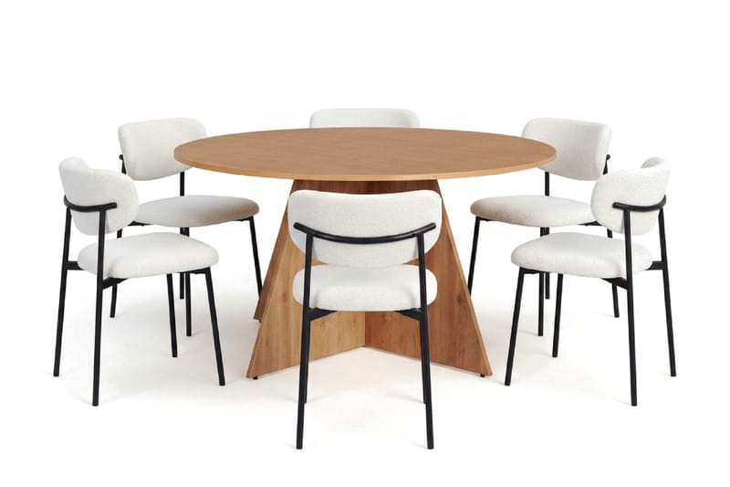 Vera spisegruppe rund 150 cm eik med 6 Lucy spisestoler, Eik