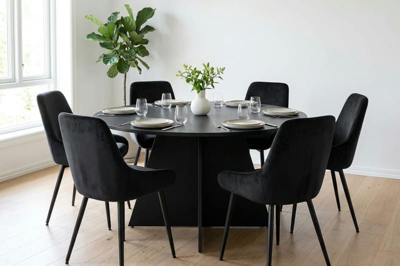 Vera spisegruppe rund 150 cm svart med 6 Alsarp spisestoler - Svart - Møbler - Bord - Spisegruppe