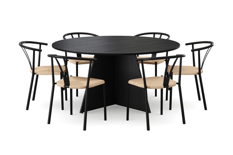 Vera spisegruppe rund 150 cm svart med 6 Elysia spisestoler - Svartbeiset eik - Møbler - Bord - Spisegruppe