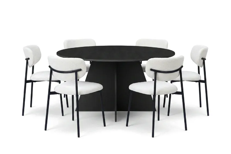 Vera spisegruppe rund 150 cm svart med 6 Lucy spisestoler, Svartbeiset eik