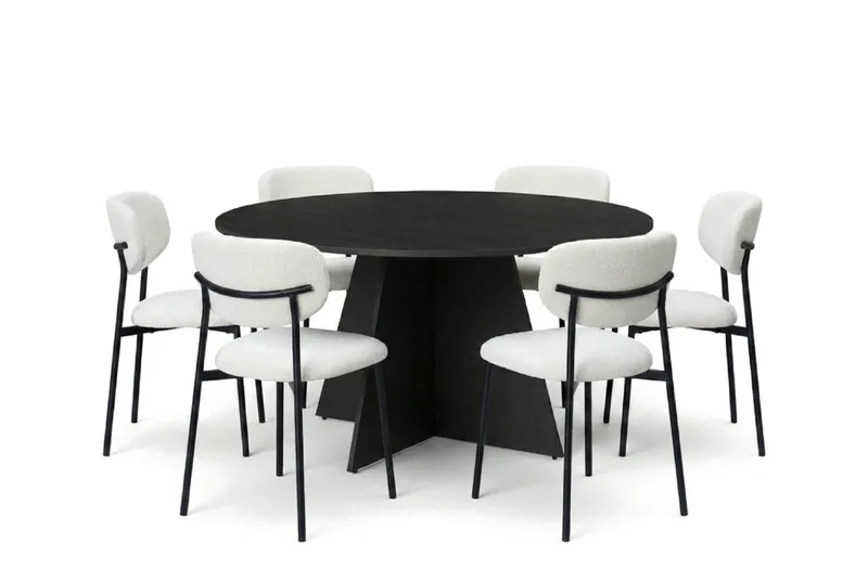 Vera spisegruppe rund 150 cm svart med 6 Lucy spisestoler - Svartbeiset eik - Møbler - Bord - Spisegruppe