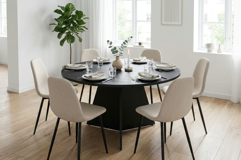 Vera spisegruppe rund 150 cm svart med 6 Nibe spisestoler - Svart - Møbler - Bord - Spisegruppe