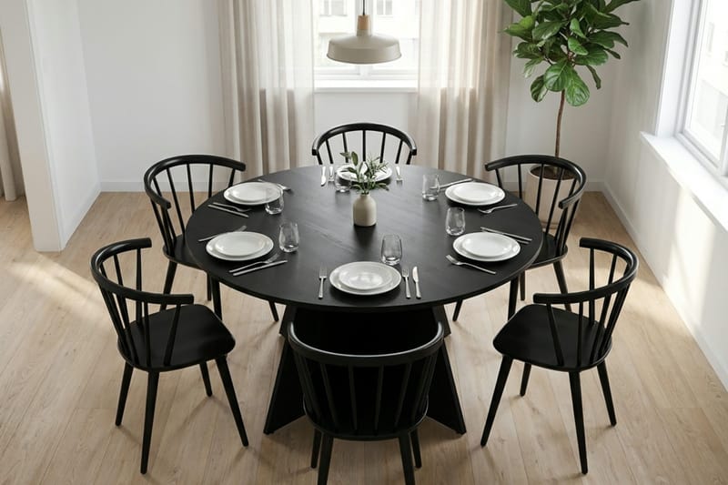 Vera spisegruppe rund 150 cm svart med 6 Tyrö spisestoler - Svart - Møbler - Bord - Spisegruppe