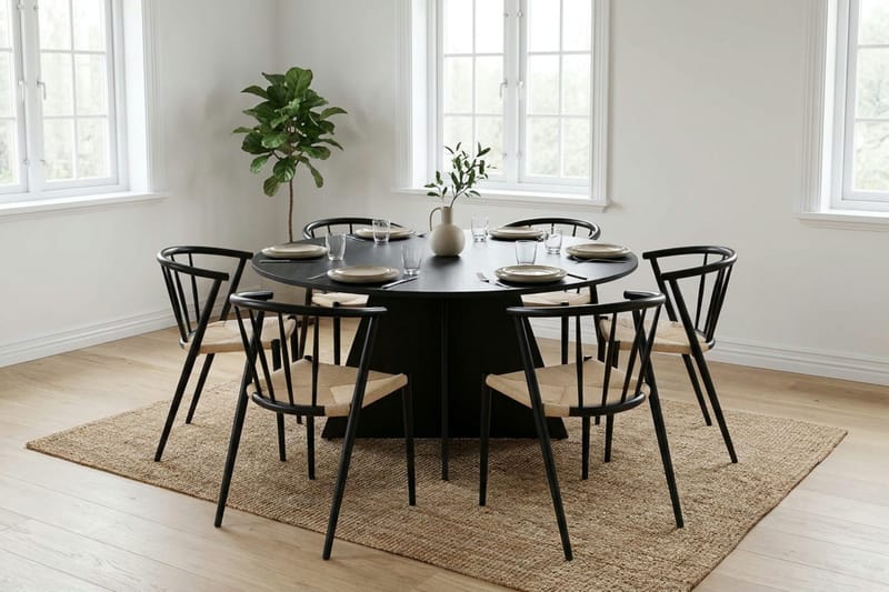 Vera spisegruppe rund 150 cm svart med 6 Winston spisestoler - Svart - Møbler - Bord - Spisegruppe