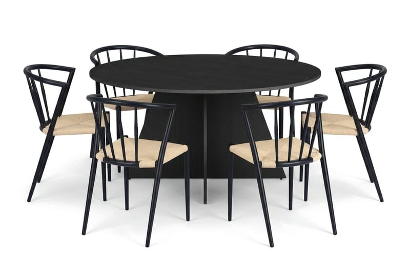 Vera spisegruppe rund 150 cm svart med 6 Winston spisestoler - Svart - Møbler - Bord - Spisegruppe