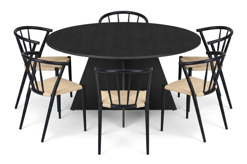 Vera spisegruppe rund 150 cm svart med 6 Winston spisestoler, Svartbeiset eik