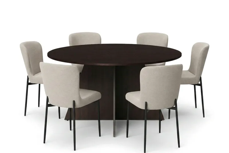 Vera spisegruppe rundt 150 cm røkt eik med 6 Elsie spisestoler, Røkt eik/Beige