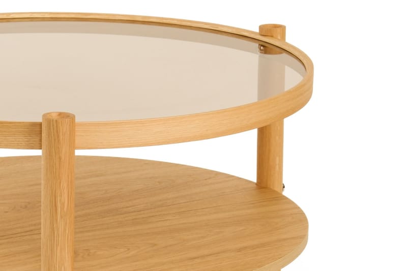 Vornel 80 cm Rundt Sofabord med Hyller i med Treben - Brunt Røykglass - Møbler - Bord - Sofabord & salongbord