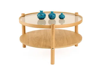Vornel 80 cm Rundt Sofabord med Hyller i med Treben - Brunt Røykglass - Møbler - Bord - Sofabord & salongbord