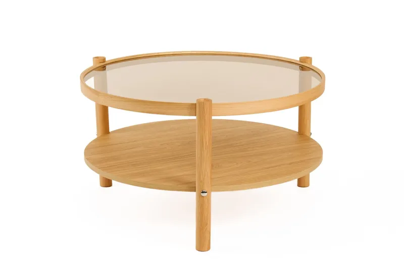 Vornel 80 cm Rundt Sofabord med Hyller i med Treben - Brunt Røykglass - Møbler - Bord - Sofabord & salongbord