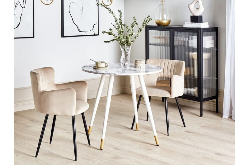 Wellon Lite Rundt Spisebord 80 cm med Marmor- og Metallutseende - Hvit|Gull - Møbler - Bord - Marmorbord