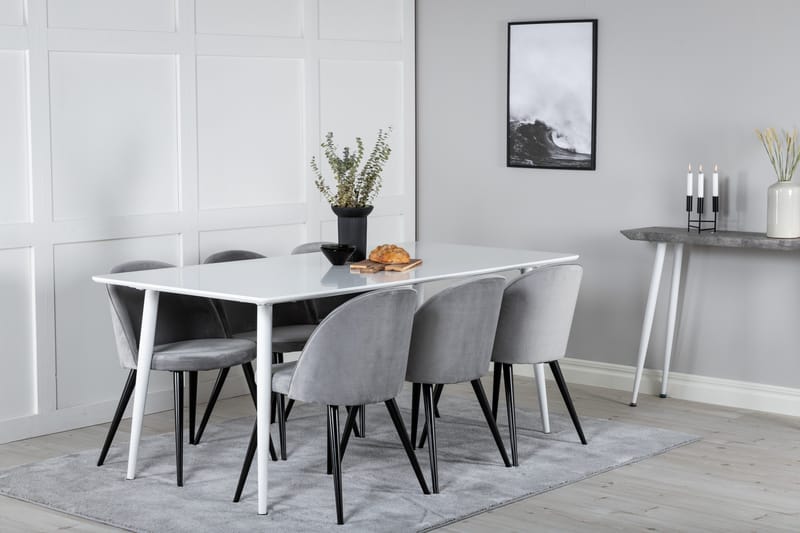 Ypas Spisegruppe 180 cm inkl. 6 Valeri Stoler - Hvit/Fløyel/Lysegrå/Svart - Møbler - Bord - Spisegruppe
