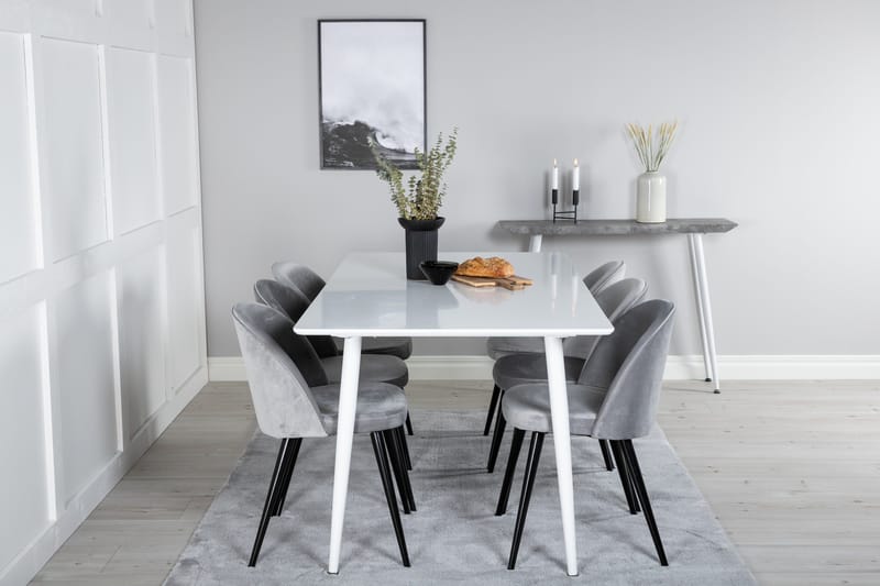 Ypas Spisegruppe 180 cm inkl. 6 Valeri Stoler - Hvit/Fløyel/Lysegrå/Svart - Møbler - Bord - Spisegruppe