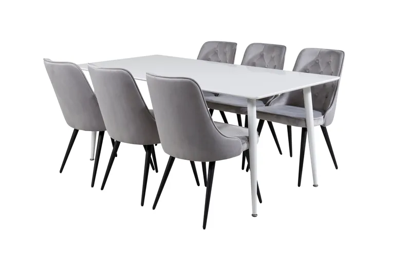 Ypas Spisegruppe 180cm inkl. 6 Valera Lyx Stoler, Fløyel/Hvit/Svart/Grå