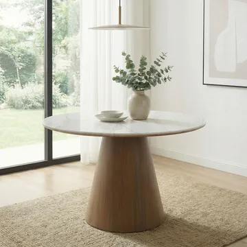 Zelnor rundt spisebord 120 cm med sinteret steinplate i marmorlook - hvit marmorlook valnøttlook - Møbler - Bord - Spisebord & kjøkkenbord
