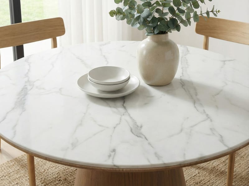 Zelnor rundt spisebord 120 cm med sinteret steinplate i marmorlook - hvit marmorlook valnøttlook - Møbler - Bord - Spisebord & kjøkkenbord