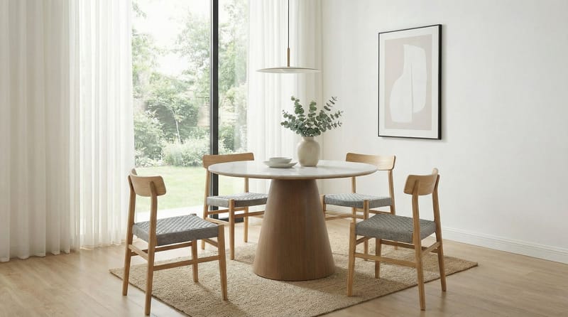 Zelnor rundt spisebord 120 cm med sinteret steinplate i marmorlook - hvit marmorlook valnøttlook - Møbler - Bord - Spisebord & kjøkkenbord