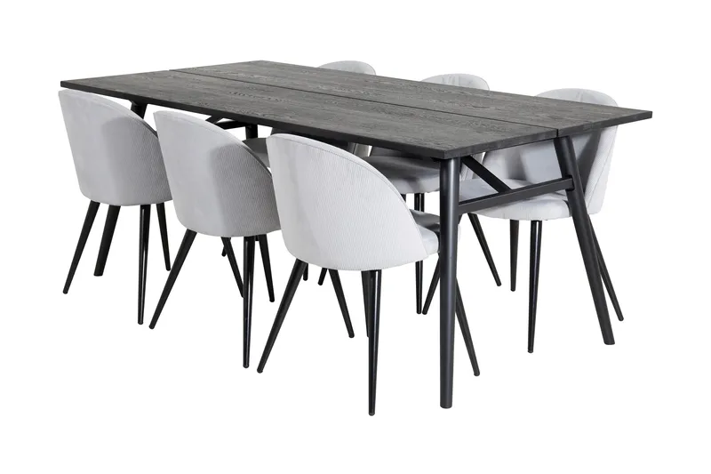 Zenazmi spisegruppe 195 cm inkl. 6 Valeri kordfløyelsstoler, Svart/Grå