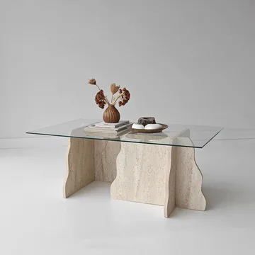 Zevric sofabord 65x105 cm rektangulært glass - Travertin og Transparent - Møbler - Bord - Sofabord & salongbord