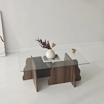 Zevric sofabord 65x105 cm rektangulært glass - Valnøtt og Transparent - Møbler - Bord - Sofabord & salongbord