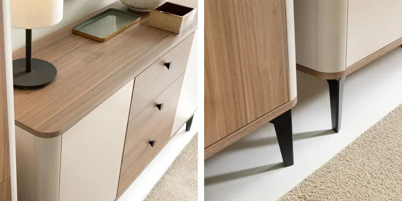 Zeyrin Møbelsett til stue - Skjenk + Vitrineskap + Spisebord 120 cm - Brun|beige - Oppbevaring - Oppbevaringsmøbler - Møbelsett til stue