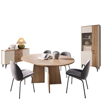 Zeyrin Møbelsett til stue - Skjenk + Vitrineskap + Spisebord 120 cm - Brun|beige - Oppbevaring - Oppbevaringsmøbler - Møbelsett til stue