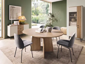 Zeyrin Møbelsett til stue - Skjenk + Vitrineskap + Spisebord 120 cm - Brun|beige - Oppbevaring - Oppbevaringsmøbler - Møbelsett til stue