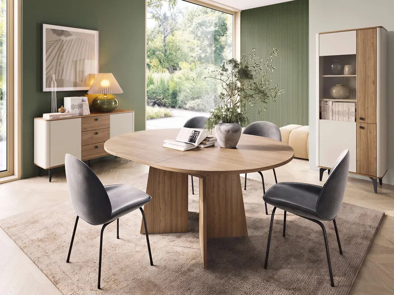 Zeyrin Møbelsett til stue - Skjenk + Vitrineskap + Spisebord 120 cm - Brun|beige - Oppbevaring - Oppbevaringsmøbler - Møbelsett til stue