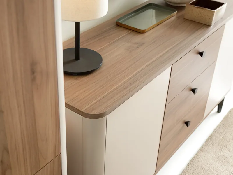 Zeyrin Møbelsett til stue - Skjenk + Vitrineskap + Spisebord 120 cm - Brun|beige - Oppbevaring - Oppbevaringsmøbler - Møbelsett til stue