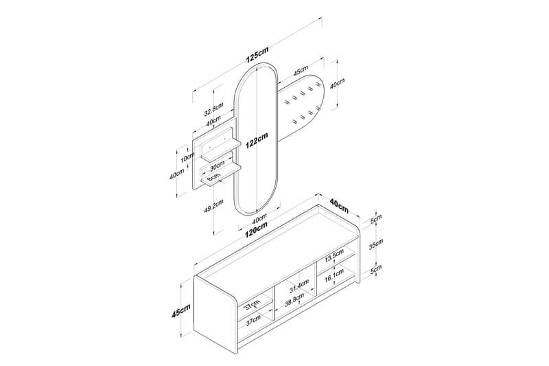 Ronnric Gangmøbelsett Hvit/Brun - Hanah Home - Møbler - Gangmøbler - Møbelsett til gang & entre