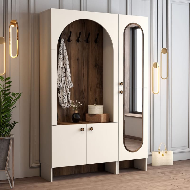 Ayleid hallmøbel med speil 200 cm - Krem / Valnøtt - Møbler - Gangmøbler - Møbelsett til gang & entre