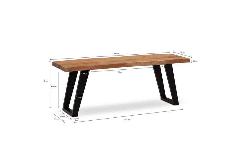 Garderobebenk Wohnling Solid Akasietre 120 cm Treetopp Hall Svart, vinklet løper - Svart, vinklet løper - Møbler - Gangmøbler - Gangbenk