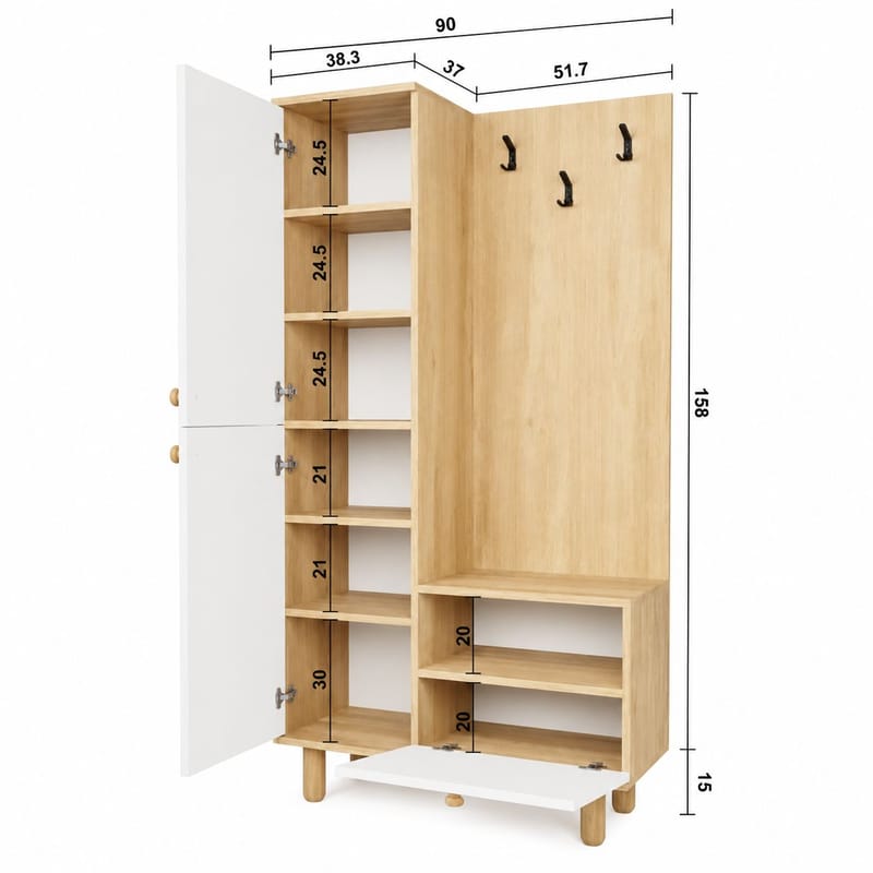 Garderobestativ Hanah Home Forma (90 x 173 x 37 cm) Hvit eik - Hvit og eik - Møbler - Gangmøbler - Møbelsett til gang & entre
