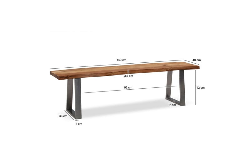 Spisestuebenk Wohnling Massivt tre med metallben trekant landlig stil Sølv, rett, 140 cm - Sølv, rett, 140 cm - Møbler - Gangmøbler - Gangbenk