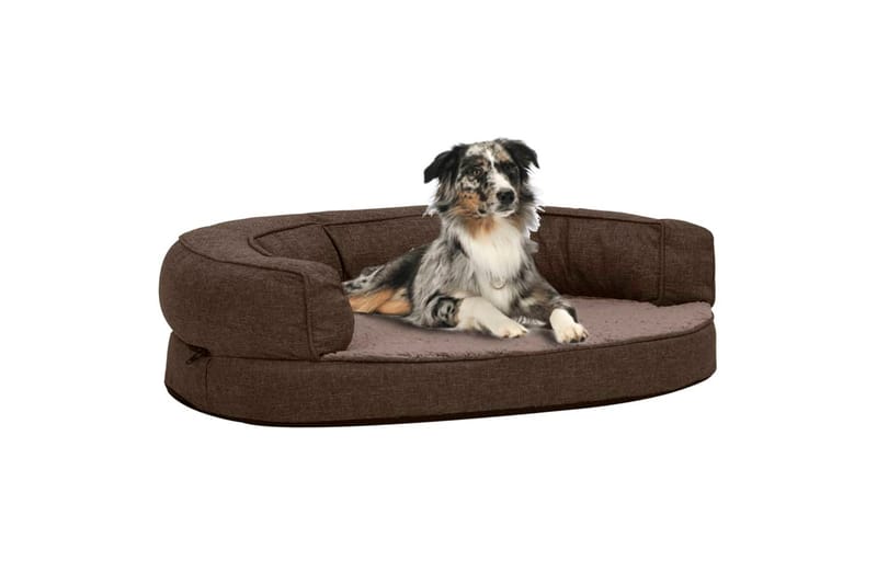 Ergonomisk hundeseng med linutseende og fleece 75x53 cm - Brun - Hundekurv & hundeseng