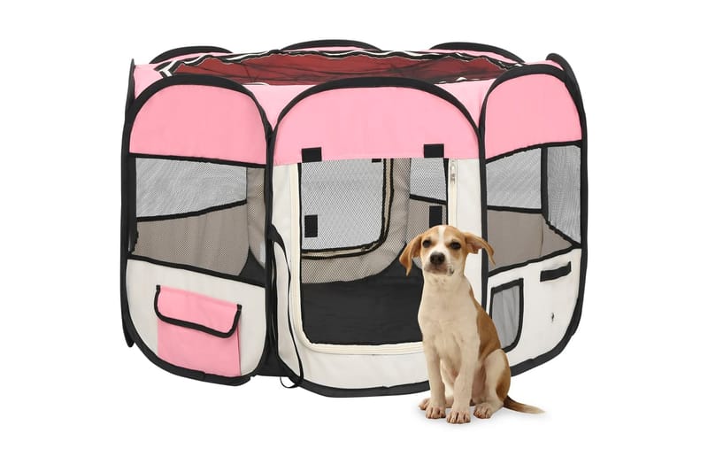 Sammenleggbar lekegrind for hunder bæreveske rosa 90x90x58cm - Rosa - Hundegrind & hundegjerde
