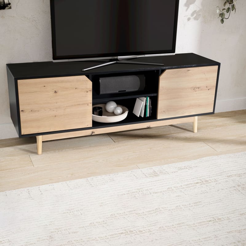 Alaro TV-benk 150 cm - Svart med eikefargede fronter/ben - Møbler - TV- & Mediamøbler - TV benk & mediabenk