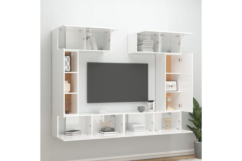 beBasic TV-benksett 6 deler høyglans hvit konstruert tre - Hvit - TV benk & mediabenk