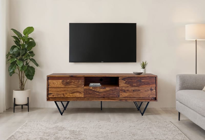 Belano TV-benk 160 cm industriell stil - Varm brun med svarte ben - Møbler - TV- & Mediamøbler - TV benk & mediabenk