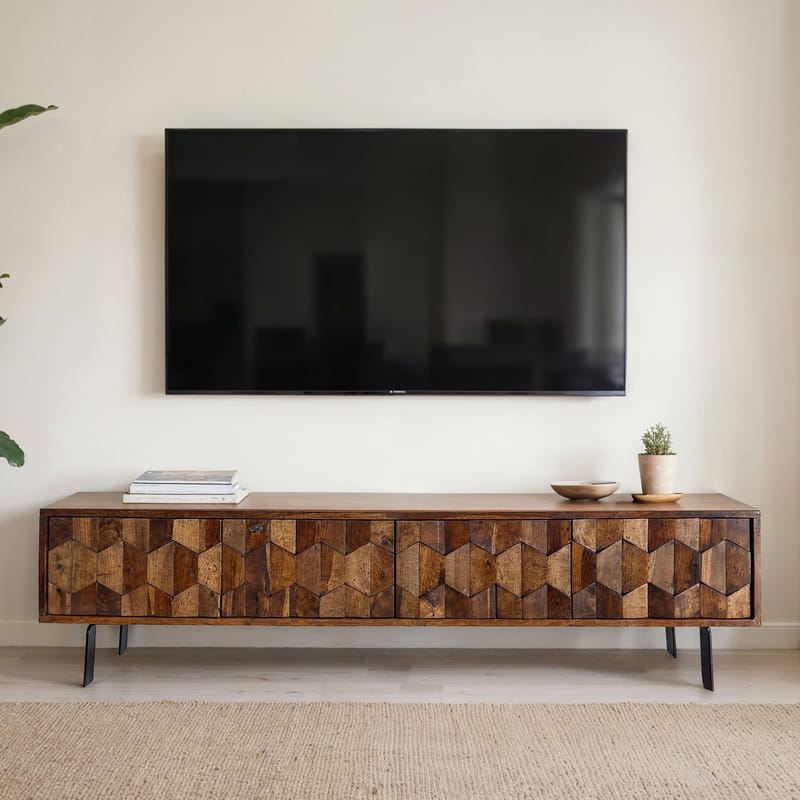 Belara TV-benk 160 cm 3D-mønster - Varm lysebrun med flerfargede fronter og svarte ben - Møbler - TV- & Mediamøbler - TV benk & mediabenk