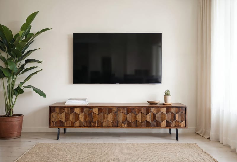 Belara TV-benk 160 cm 3D-mønster - Varm lysebrun med flerfargede fronter og svarte ben - Møbler - TV- & Mediamøbler - TV benk & mediabenk