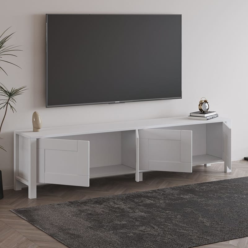 Belor Gulvstående TV-benk 160 cm med Oppbevaring i Malt Tre - Hvit - Møbler - TV- & Mediamøbler - TV benk & mediabenk