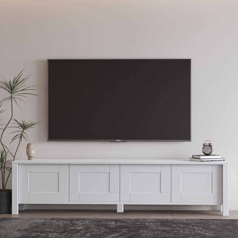 Belor Gulvstående TV-benk 160 cm med Oppbevaring i Malt Tre - Hvit - Møbler - TV- & Mediamøbler - TV benk & mediabenk