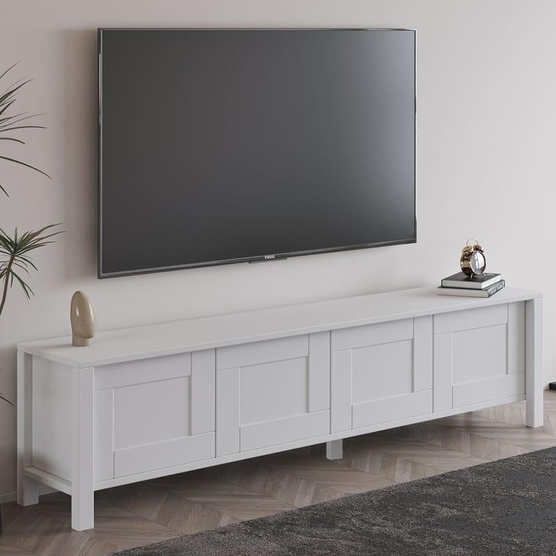Belor Gulvstående TV-benk 160 cm med Oppbevaring i Malt Tre - Hvit - Møbler - TV- & Mediamøbler - TV benk & mediabenk